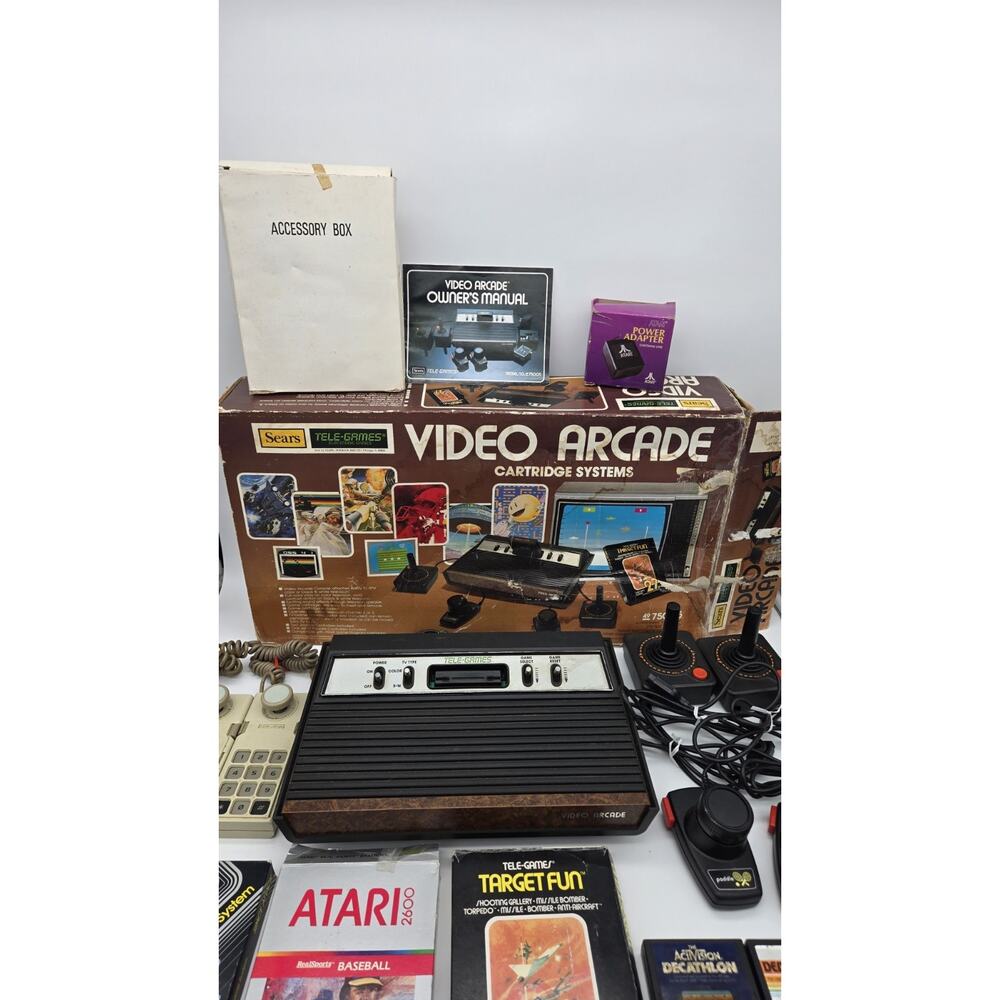 Vtg ATARI 2600 Sears Tele-Games Video Arcade Console With Games & Original Box
